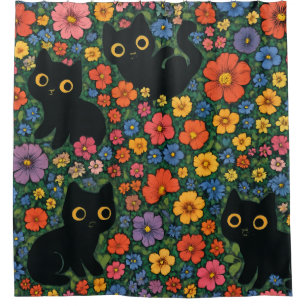 Kawaii Garden Art Cute Black Cat Floral Pattern