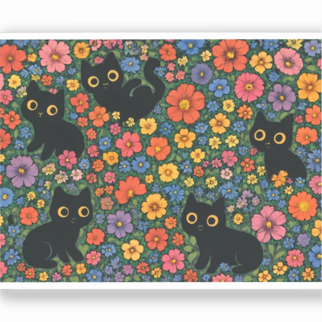 Kawaii Garden Art | Cute Black Cat Floral Pattern (Front)