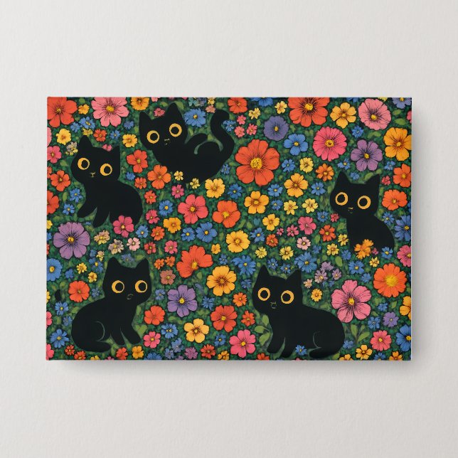 Kawaii Garden Art | Cute Black Cat Floral Pattern (Front)