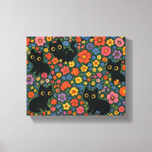 Kawaii Garden Art Cute Black Cat Floral Pattern Canvas Print