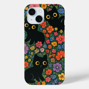 Kawaii Garden Art   Cute Black Cat Floral Pattern iPhone 15 Case