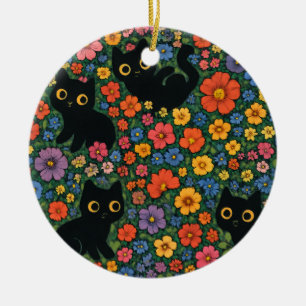 Kawaii Garden Art Cute Black Cat Floral Pattern Ceramic Ornament