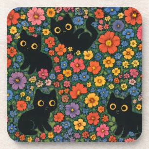 Kawaii Garden Art Cute Black Cat Floral Pattern Coaster
