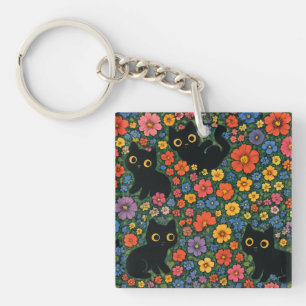 Kawaii Garden Art Cute Black Cat Floral Pattern Keychain