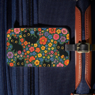 Kawaii Garden Art Cute Black Cat Floral Pattern Luggage Tag
