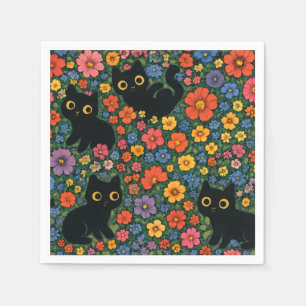 Kawaii Garden Art Cute Black Cat Floral Pattern Napkin