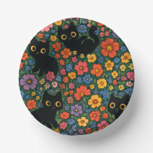 Kawaii Garden Art – Cute Black Cat Floral Pattern Paper Plate