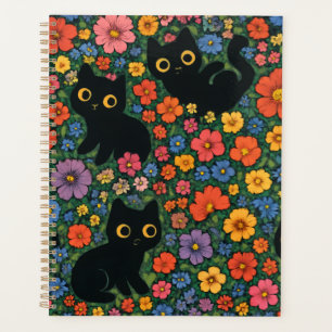 Kawaii Garden Art   Cute Black Cat Floral Pattern Planner