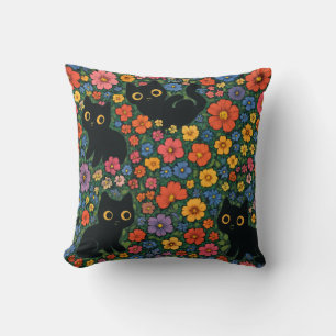 Kawaii Garden Art Cute Black Cat Floral Pattern Throw Pillow