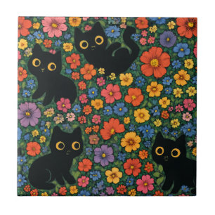 Kawaii Garden Art   Cute Black Cat Floral Pattern Tile