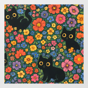 Kawaii Garden Art Cute Black Cat Floral Pattern Window Cling