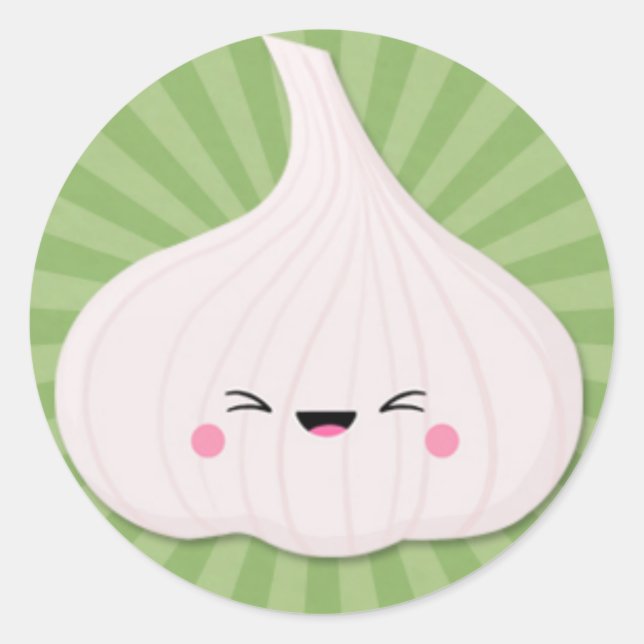 Kawaii Garlic Bulb on Green Starburst Classic Round Sticker (Front)