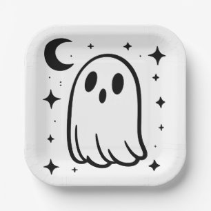 Kawaii Ghost at Night Halloween Party Paper Plate