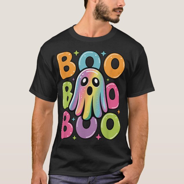 Kawaii Ghost Boo With Sparkles Halloween Colourful T-Shirt (Front)