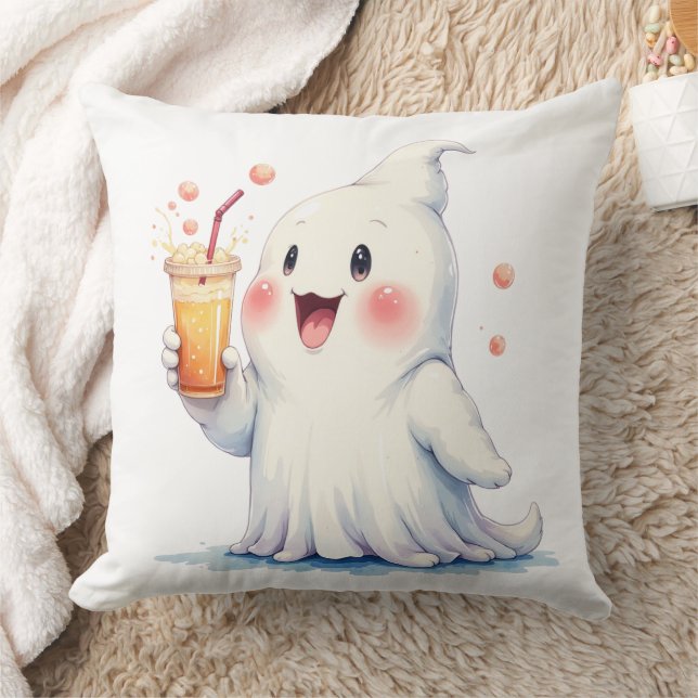 Kawaii Ghost Drinking Soda Throw Pillow (Blanket)