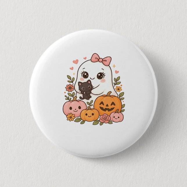 Kawaii Ghost Halloween Black Cat Pumpkin Fall Spoo 2 Inch Round Button (Front)