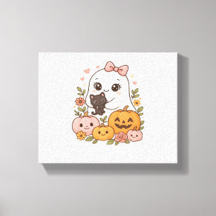 Kawaii Ghost Halloween Black Cat Pumpkin Fall Spoo Canvas Print