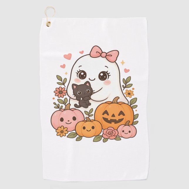 Kawaii Ghost Halloween Black Cat Pumpkin Fall Spoo Golf Towel (Front)
