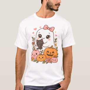 Kawaii Ghost Halloween Black Cat Pumpkin Fall Spoo T-Shirt