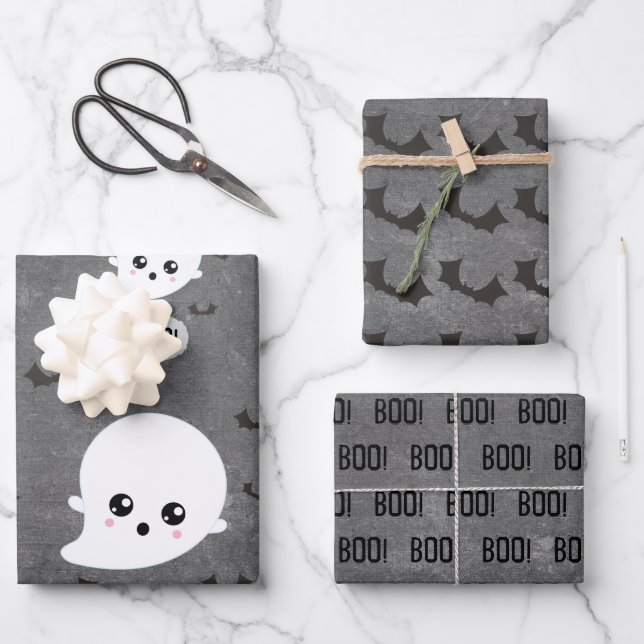 Kawaii Ghost Halloween Wrapping Paper (Front)