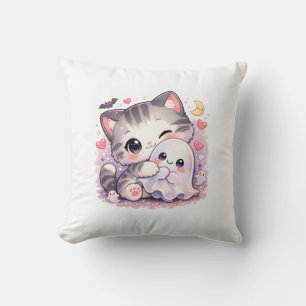 Kawaii Ghost Hug Kitty Throw Pillow