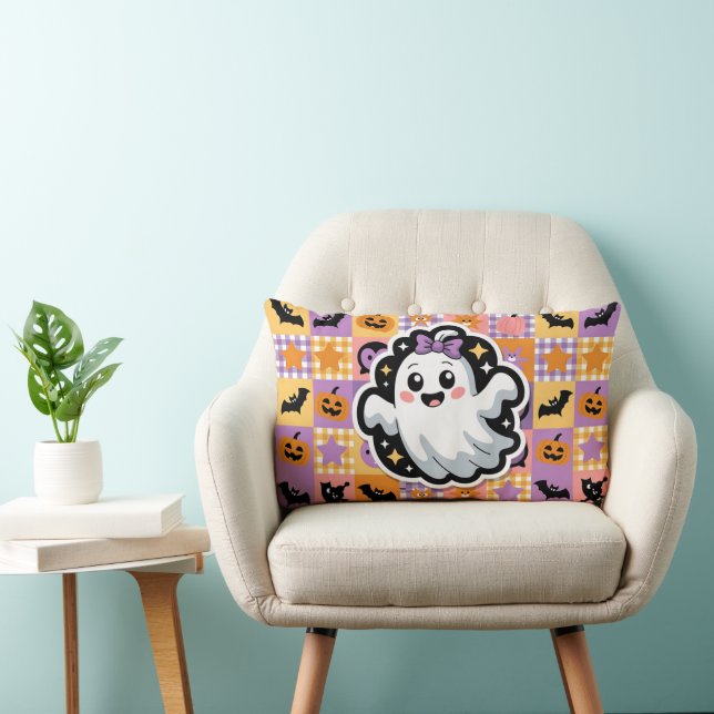 Kawaii Ghost Patchwork Sticker Throw Pillow (Chair)