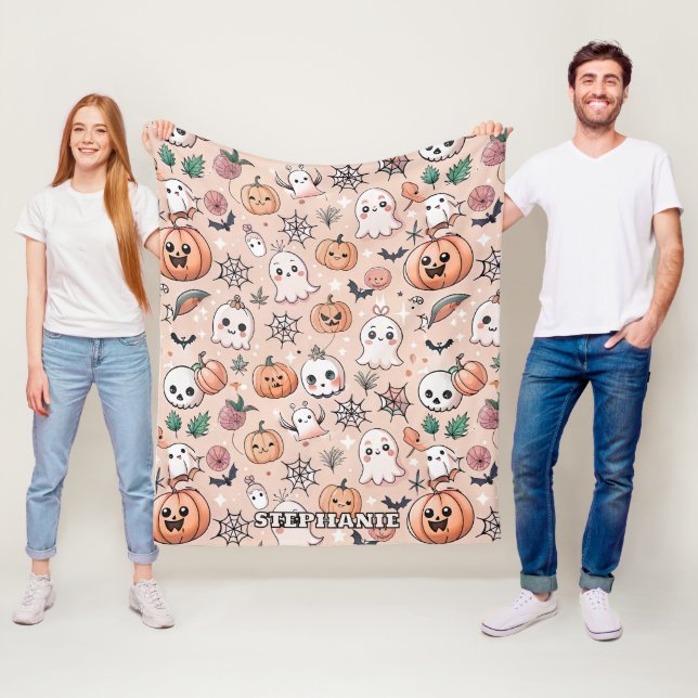 Kawaii Ghost Pumpkin Halloween Orange Pattern Fleece Blanket (In Situ)