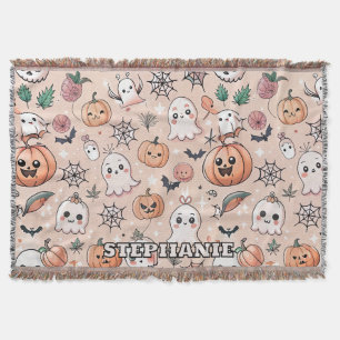 Kawaii Ghost Pumpkin Halloween Orange Pattern Throw Blanket