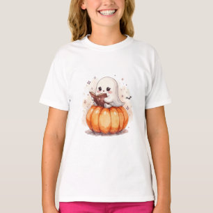 Kawaii Ghost Reading on Pumpkin – Cute Halloween T-Shirt