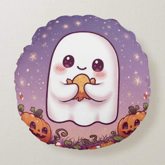 Kawaii Ghost Round Pillow 💜👻 (Front)