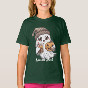 Kawaii Ghost T-Shirt -Cozy Hat, Boba Tea & Pumpkin
