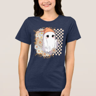 Kawaii Ghost with Coffee and Daisies - Cute Cozy Tri-Blend Shirt