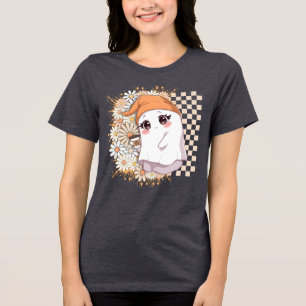 Kawaii Ghost with Coffee and Daisies - Cute Cozy Tri-Blend Shirt