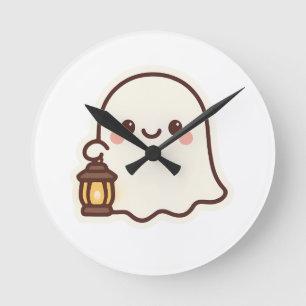 Kawaii Ghost with Lantern – Cute Spirit Design Round Clock