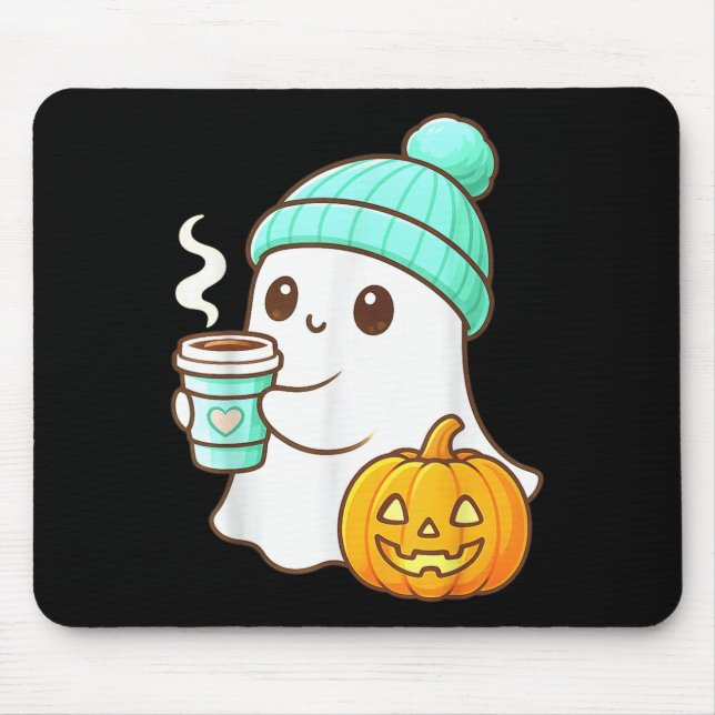 Kawaii Ghost With Pumpkin Coffee Cozy Halloween Au Mouse Pad (Front)