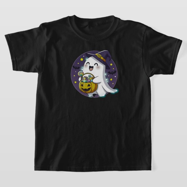 Kawaii Ghost with Witch Hat | BLACK ONLY T-Shirt (Laydown)