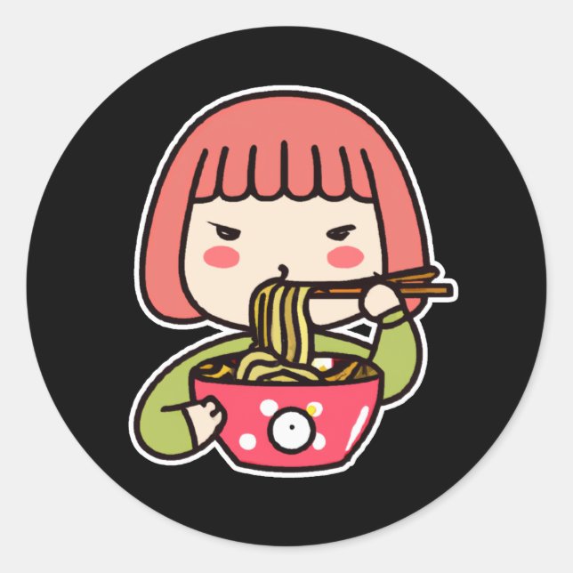 Kawaii Girl eating Ramen with Chopsticks Classic Round Sticker (Front)