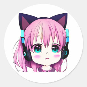 Kawaii Girl with Headphones on Classic Round Sticker