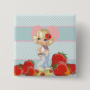 Kawaii girl with strawberries very cute 2 inch square button