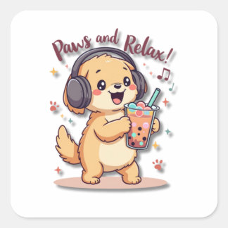 Kawaii Golden Retriever Dancing with Headphones Square Sticker