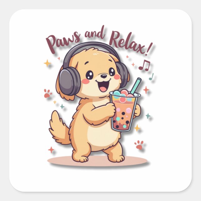 Kawaii Golden Retriever Dancing with Headphones Square Sticker (Front)