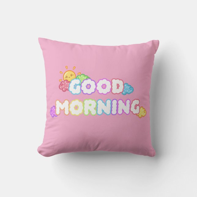 Kawaii Good Morning Sun & Rainbow Clouds Throw Pillow (Front)