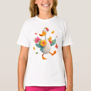 Kawaii Goose Dancing – Cute Duck with Flowers Kids T-Shirt