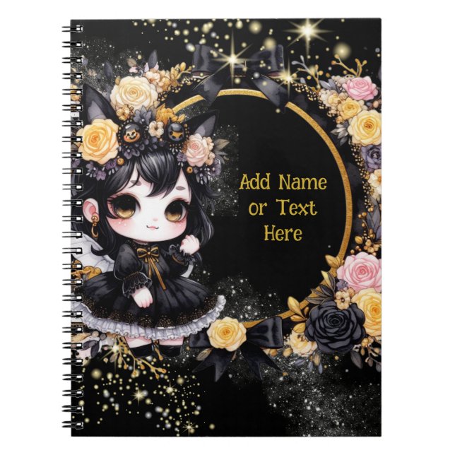 Kawaii Goth Girls Cute Personalized Gothic Chibi Notebook (Front)