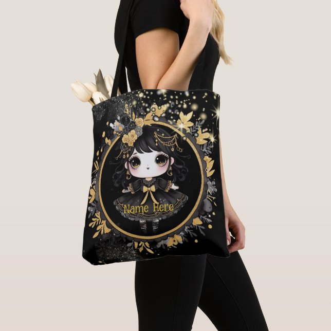 Kawaii Goth Girls Cute Personalized Gothic Chibi Tote Bag (Close Up)