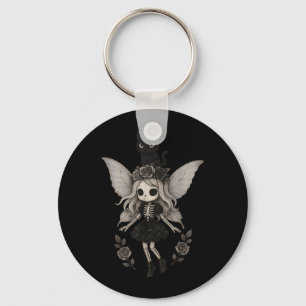 Kawaii Goth Skeleton Fairy with Black Cat Keychain