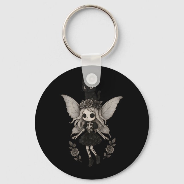 Kawaii Goth Skeleton Fairy with Black Cat Keychain (Front)