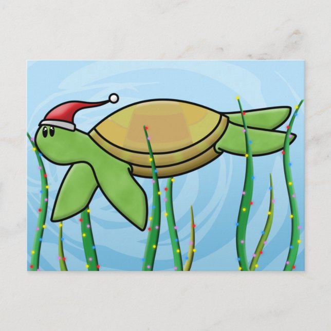 Kawaii Green Sea Turtle Christmas Holiday Postcard (Front)