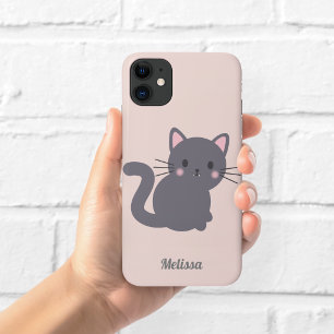 Kawaii Grey Cat Pink Personalized Phone Case
