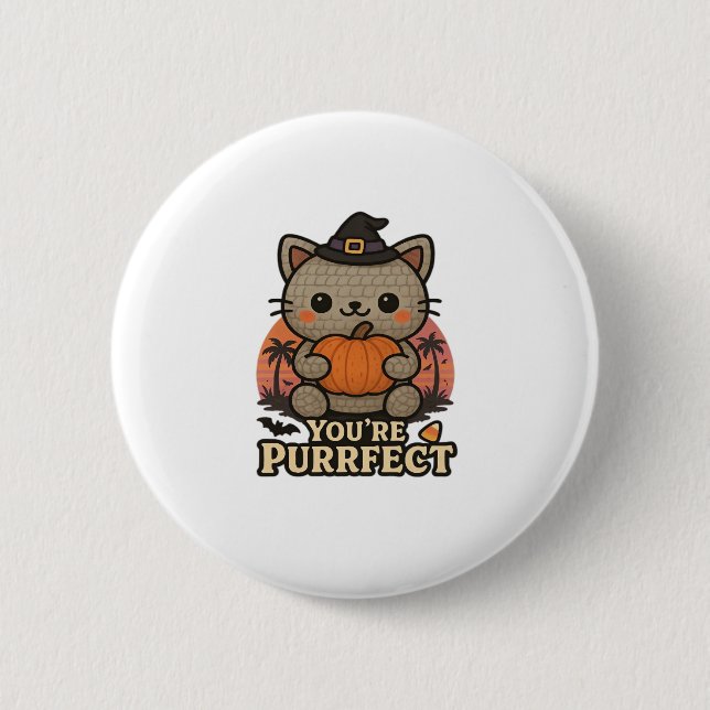 Kawaii Halloween Cat with Pumpkin, Cute Witch Kitt 2 Inch Round Button (Front)